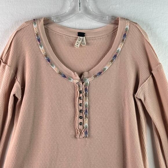 Free People We the Free Rainbow Thermal Shirt Long Sleeve Henley Rose Womens XL - Picture 2 of 11
